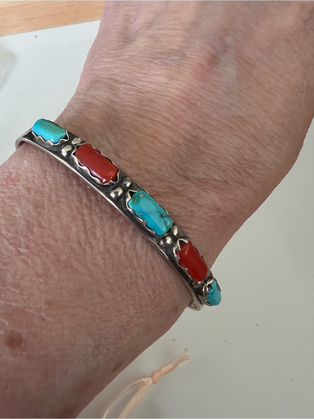 Sterling Silver Turquoise and Red Coral Inlay Cuff Bracelet